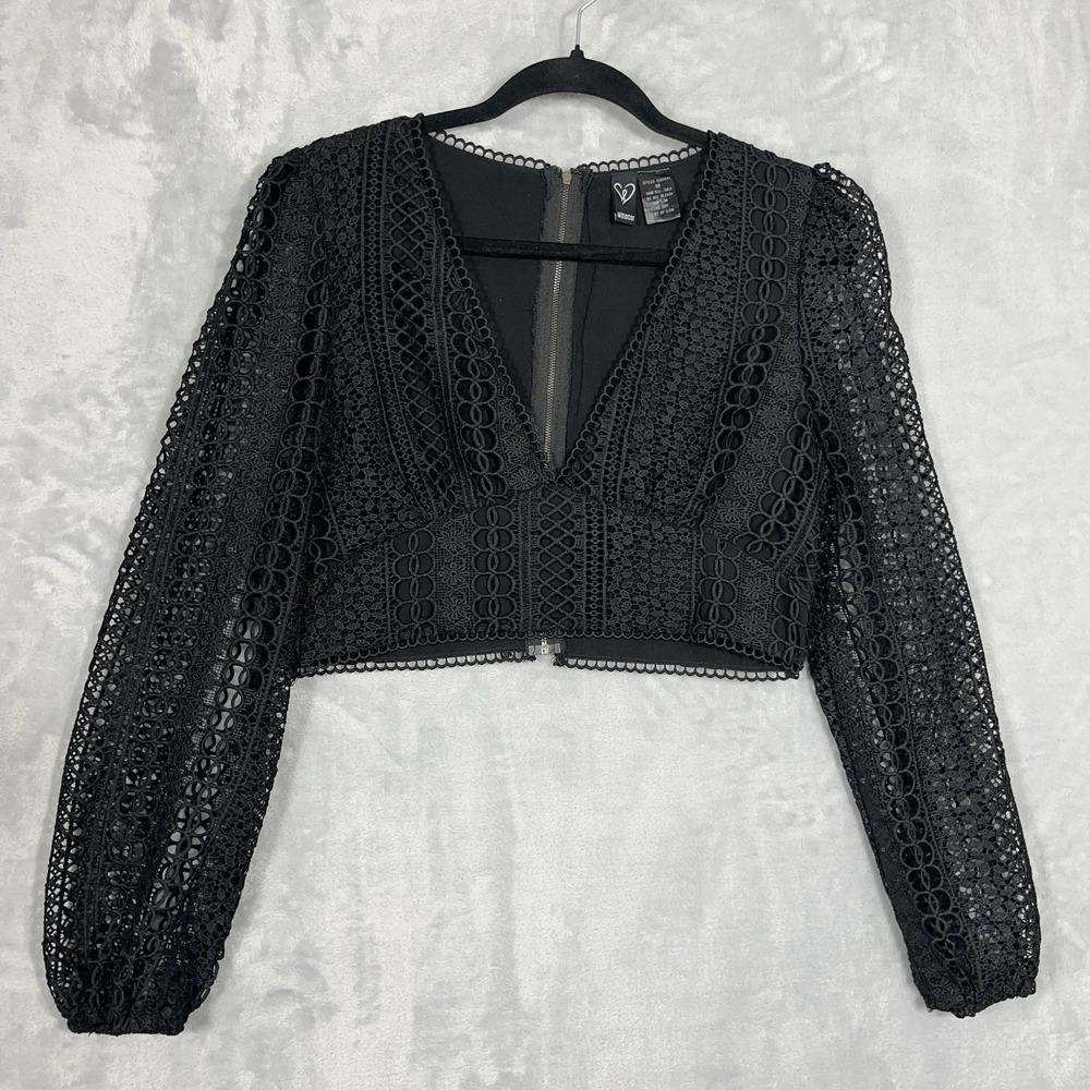 Windsor Black Open Knit Crochet Crop Top M V-Neck Long Sleeve Whimsigoth Y2K